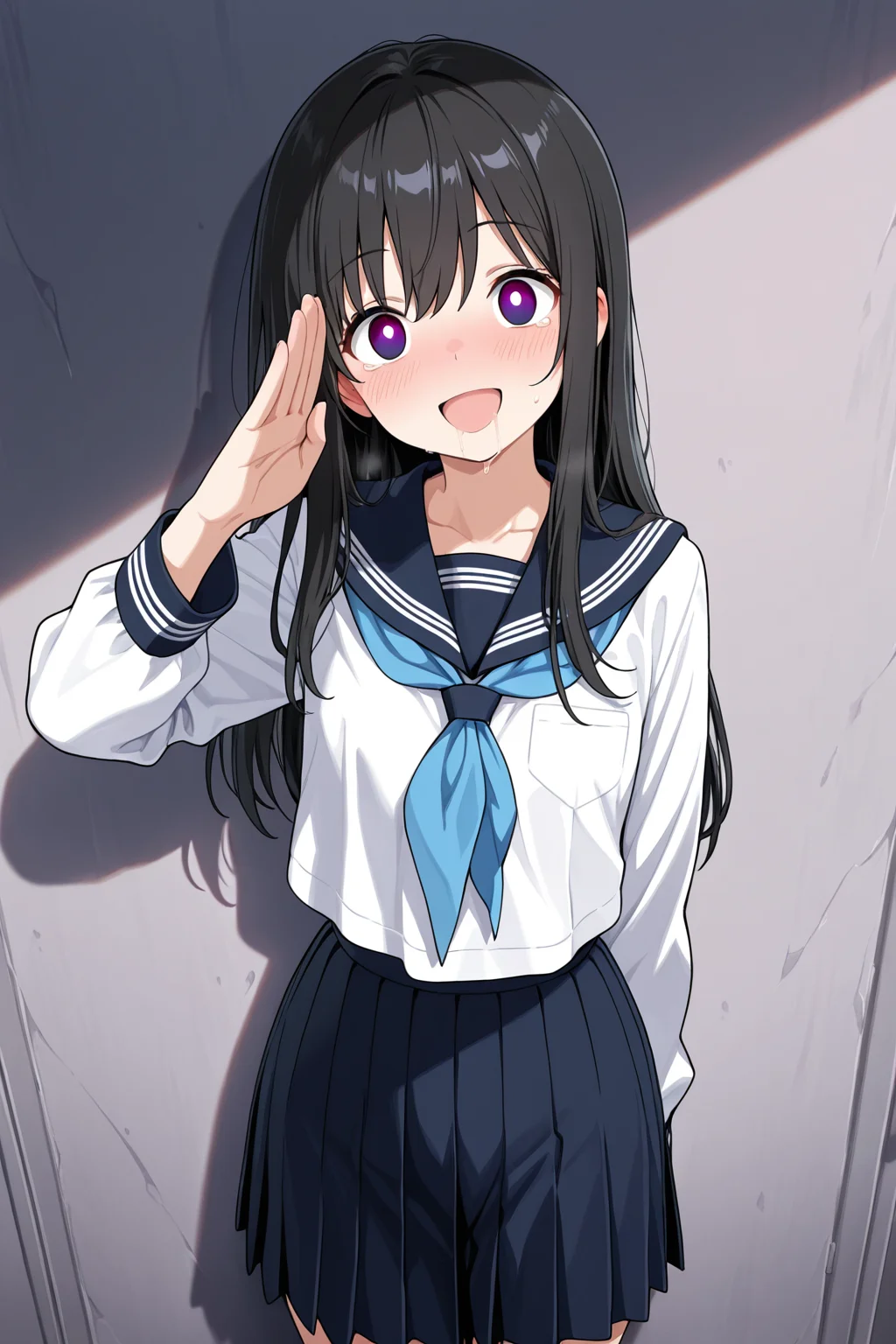 masterpiece,best quality,amazing quality, 1girl, solo, open mouth, smile, salute, serafuku, blush, <lora:glowing_center_white_empty_eyes_v12:1>, empty eyes, (white pupils:1.1), black hair, long hair, against wall, (saliva:0.7),