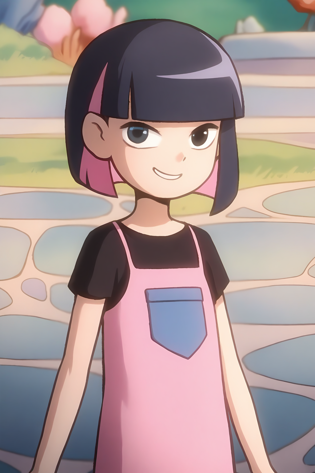 <lora:kele:1>,kele,1girl,solo,black eyes,blue eyes,short hair,two-tone hair,black hair,pink hair,colored inner hair,bob cut,blunt bangs,shirt,t-shirt,black shirt,pink shirt,short sleeves,smile,looking at viewer,, masterpiece,best quality,amazing quality,absurdres, anime screenshot, lazypos ,
