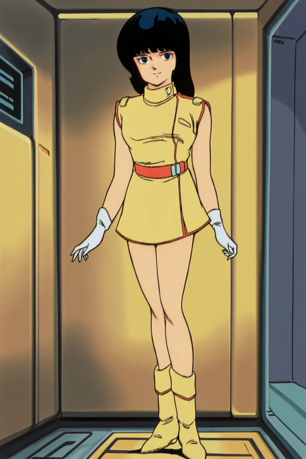 (retro artstyle, 1980s (style), traditional media:1.2),
inside,
<lora:Fa_Yuiry_Mobile_Suit_Zeta_Gundam:1>
Fa sleeveless yellow and red outfit, Fa Yuiry (character), 1girl, solo, gloves, full body, yellow footwear, black hair, boots, white gloves, standing, sleeveless, dress, black eyes, belt, looking at viewer, smile, red belt, blue eyes, long hair,