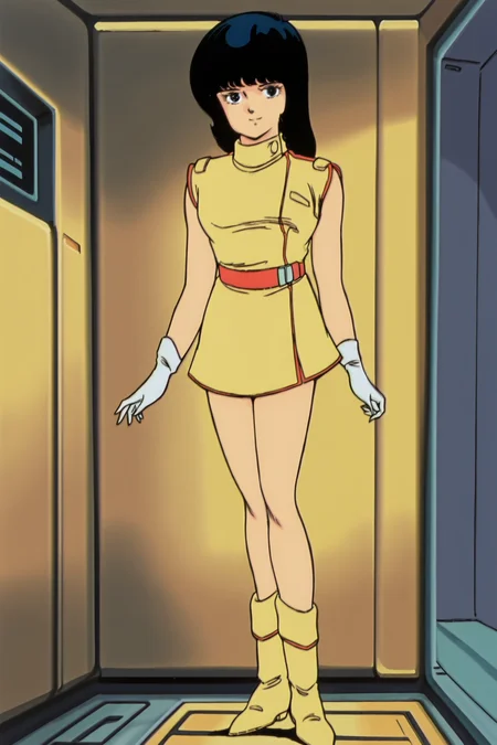 (retro artstyle, 1980s (style), traditional media:1.2),
inside,
<lora:Fa_Yuiry_Mobile_Suit_Zeta_Gundam:1>
Fa sleeveless yellow and red outfit, Fa Yuiry (character), 1girl, solo, gloves, full body, yellow footwear, black hair, boots, white gloves, standing, sleeveless, dress, black eyes, belt, looking at viewer, smile, red belt, blue eyes, long hair,