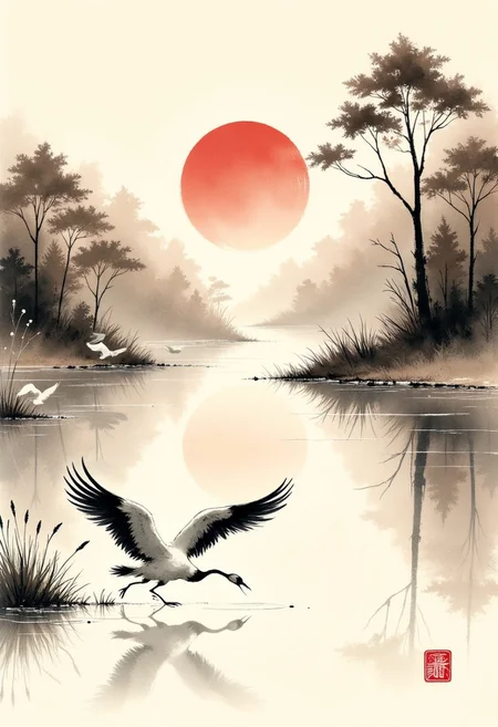 traditional japanese art style, ink on paper, wabi-sabi, henna and carmine, sepia, BREAK, image of cranes, tranquil woodland lake, sunset, minimal brush strokes, Inkwashara