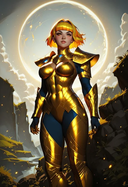 score_9, score_8_up, score_7_up, score_6_up, 
1girl, solo, Eclipse Bear Protector, amber eyes, broad-shouldered body type, large breasts, glowing bronze skin with faint fur texture, stoic expression, short hair, blunt bangs, dark bronze hair with golden highlights, heavy glowing armor with clawed gauntlets, moonstone medallion, standing at the edge of a cliff, volcanic canyon under eclipse, raising a glowing shield, misty backdrop, swirling embers, glowing cracks in ground.