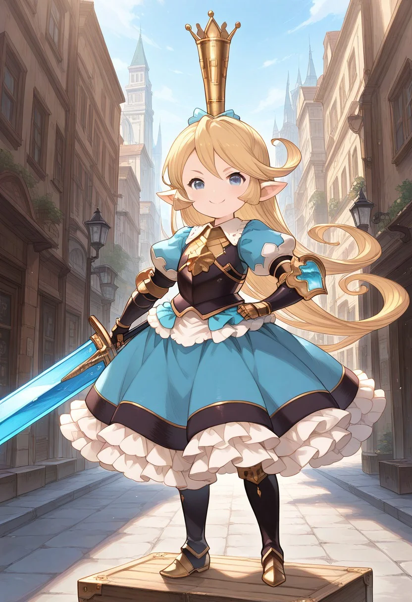 score_9, score_8_up, score_7_up, source_anime, prefect lighting, very aesthetic, intricate details, highly detailed background, masterpiece, high quality, prefect hands, best quality, 1girl, solo, slim, skinny, flat chest, shortstack female, petite, gbcharl, short sleeves, boots, frills, puffy sleeves, armored dress, puffy short sleeves, blue dress, frilled dress, crown, gauntlets, breastplate, outdoors, city, streets, standing on box, small box, sword, holding sword, looking at viewer, smile,