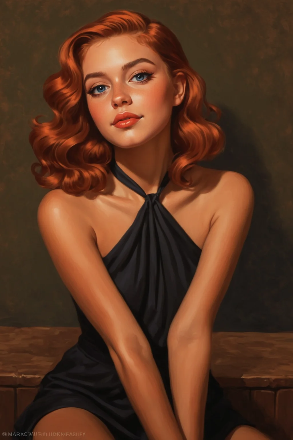 digital painting by Ammi Phillips and Howard Chaykin and Becky Cloonan in the style of Mark Keathley of a cute fit 18 year old model, cinematic fashion shot, slave <lora:EnvyStudioPortraitXL01:0.35>