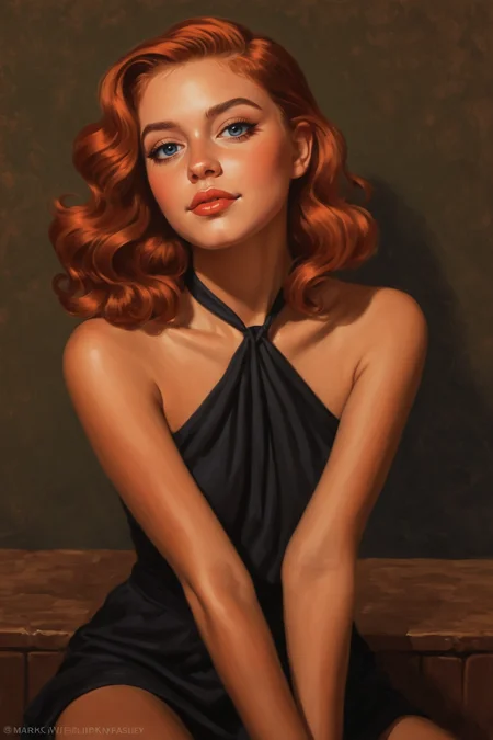 digital painting by Ammi Phillips and Howard Chaykin and Becky Cloonan in the style of Mark Keathley of a cute fit 18 year old model, cinematic fashion shot, slave <lora:EnvyStudioPortraitXL01:0.35>