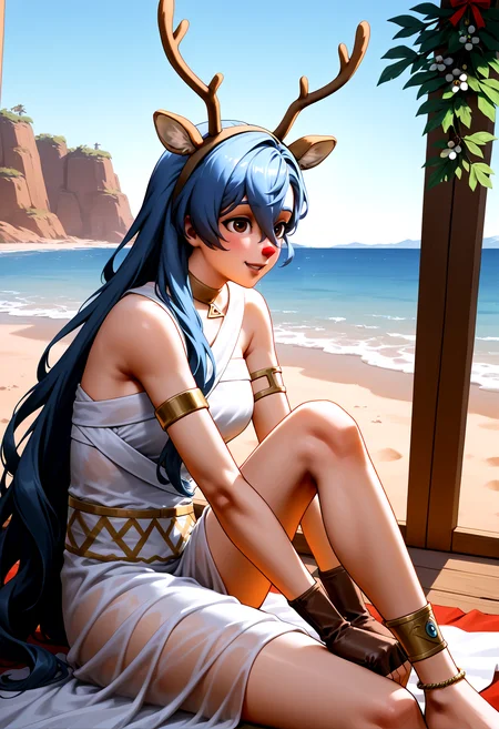 IllustriousQual <lora:StS-Illustrious-Detail-Slider-v1.0:2> <lora:cfg_scale_boost:0.3> <lora:Red-Nosed_Raider_IL_-_v1:0.7> RedNosedRaiderIL, brown hair, brown eyes, antlers, reindeer ears, reindeer-themed, headband, mistletoe, brown gloves, fingerless gloves,,detailed_background,indoors,37 \(reverse:1999\),solo,hair between eyes,closed mouth,blue hair,knee up,ancient greek clothes,jewelry,ocean,day,bare shoulders,outdoors,very long hair,sitting,looking ahead,sand,buttercat,anklet,reverse:1999,blue eyes,armlet,long hair