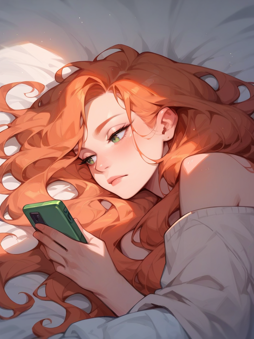 score_9, score_8_up, score_7_up, score_6_up, score_5_up,   <lora:ph0n3XLP_r1:1> ph0n3, holding phone, lying, 1girl, long hair, ginger hair,