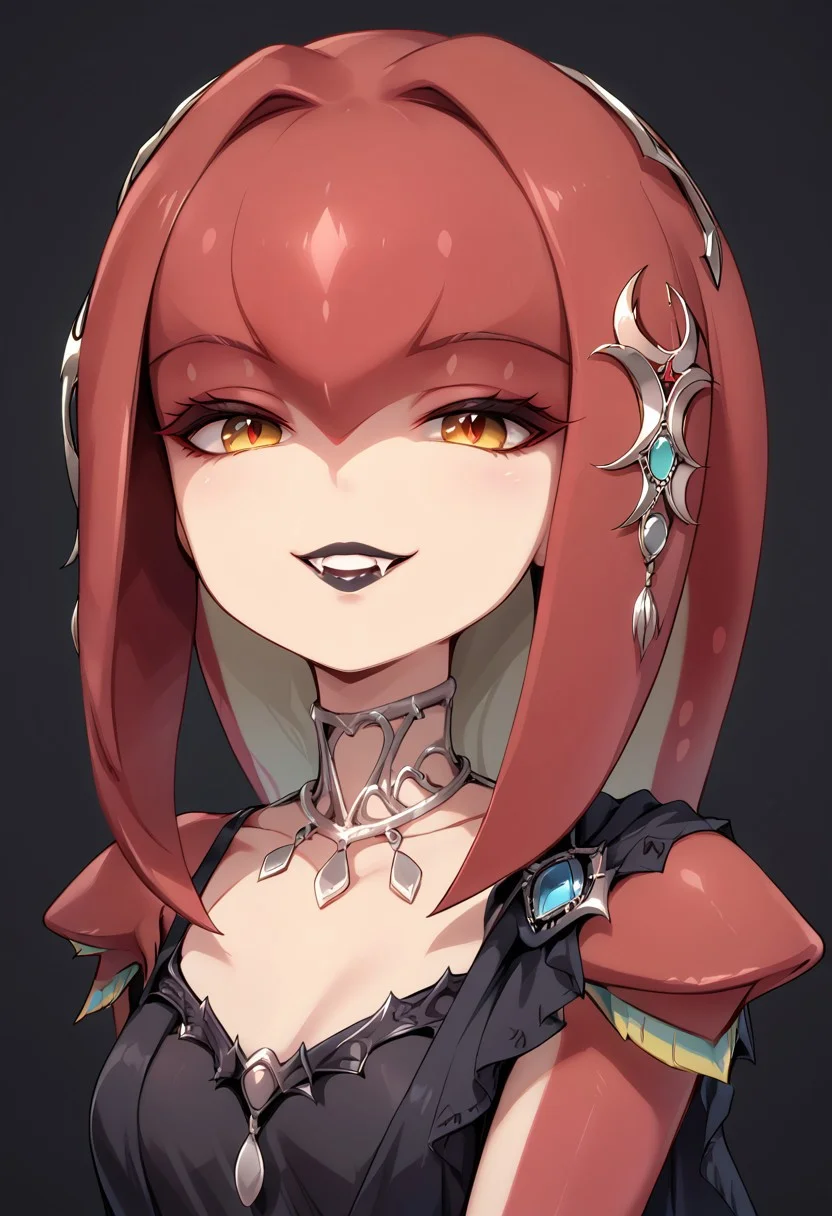 score_9, score_8_up, score_7_up, score_6_up, (haaru),concept art, digital artwork, highly detailed, sharp focus, portrait, mipha, zora, red skin, <lora:princess_xl_v2:0.3>, <lora:VampirePonyLora:0.9> vampire, red eyes, glowing eyes, fangs, <lora:Gothic:1>, GothicC, makeup, black lipstick, mascara, black nails, gothic dress, black dress, red dress, covered shoulders, fishnet, half closed eyes, smug, evil smile, dark background
