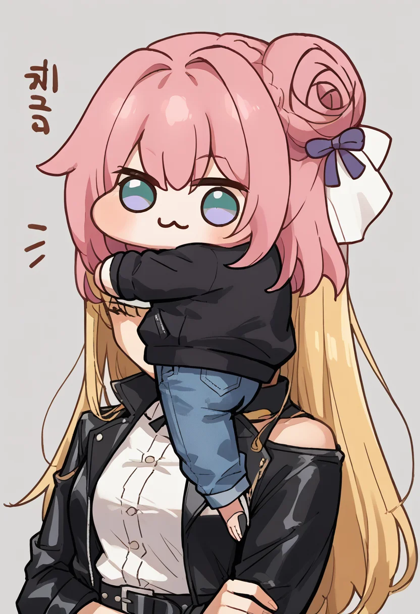 score_9, score_8_up, source_anime, face hug, on shoulders, shoulder carry, carrying, arms on head, <lora:ChamFaceHugPonyXL:0.55>,
BREAK from behind, doro, creature, chibi, pink hair, hair bun, hair bow, no humans, white skin, <lora:Doro_X_PDXL_V1:1>,
BREAK blonde hair, long hair, black jacket, leather jacket, open jacket, white shirt, belt, jeans,