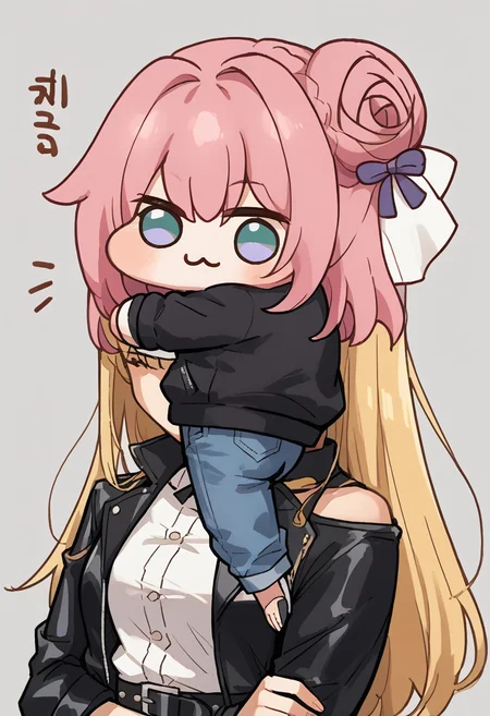 score_9, score_8_up, source_anime, face hug, on shoulders, shoulder carry, carrying, arms on head, <lora:ChamFaceHugPonyXL:0.55>,
BREAK from behind, doro, creature, chibi, pink hair, hair bun, hair bow, no humans, white skin, <lora:Doro_X_PDXL_V1:1>,
BREAK blonde hair, long hair, black jacket, leather jacket, open jacket, white shirt, belt, jeans,
