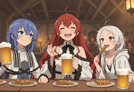 masterpiece, high quality, aged up, 3girls,, small breasts, roxy migurdia, eris greyrat, sylphiette \(mushoku tensei\), fantasy, tavern,drinking glass,beer, happy, eating