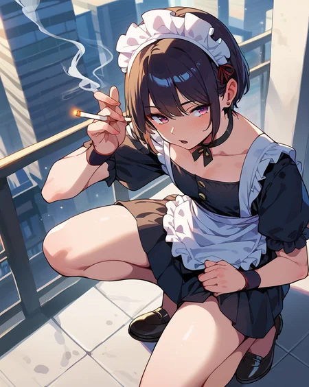 (score_9,score_8_up,score_7_up,score_6_up,score_5_up,score_4_up),
1boy,male,cigarette,sloppy open mouth,maid outfit,maid headdress,squatting,on the roof of a building,skyscraper in tokyo,(smoke),(smoking:1.2),from above,solo,
best quality,masterpiece,