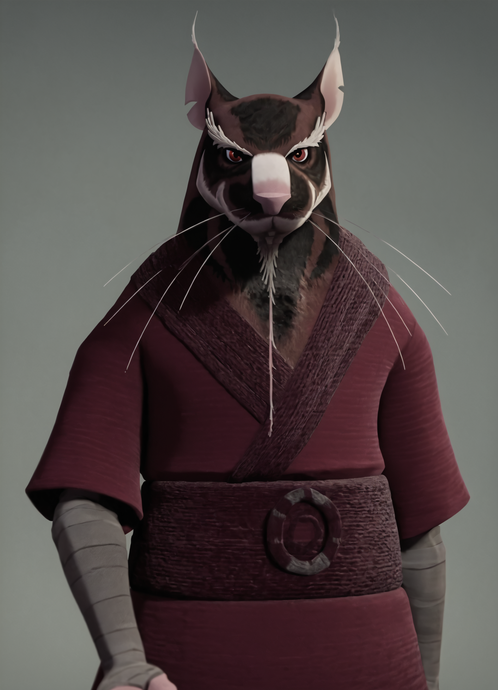 <lora:Splinter2.0:1> splinter, brown fur, whiskers, rat, animal, 1boy, looking at viewer, male focus, robe, furry male, red eyes, bandages, sash,, looking at viewer, cowboy shot, score_9, score_8_up, score_7_up, score_6_up, score_5_up, score_4_up,simple background,