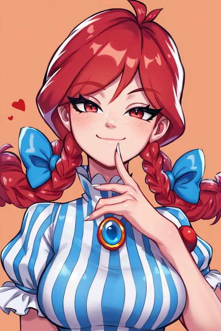 score_9, score_8_up, score_8, medium breasts, cute, eyelashes, zzWendy, red hair, blue bow, blue gemstone, bow, brooch, closed mouth, coralus, doyagao, finger to mouth, fingernails, frilled sleeves, frills, gem, hair bow, hand on own face, highres, jewelry, long fingernails, long hair, looking at viewer, medium breasts, nail polish, orange background, puffy short sleeves, puffy sleeves, red eyes, shirt, short sleeves, simple background, smile, smug, striped clothes, striped shirt, tsurime, upper body, vertical-striped clothes, vertical-striped shirt, white nails <lora:Wendy_Wendys_P1:1>, <lora:BoldCAT_P3:0.8>,