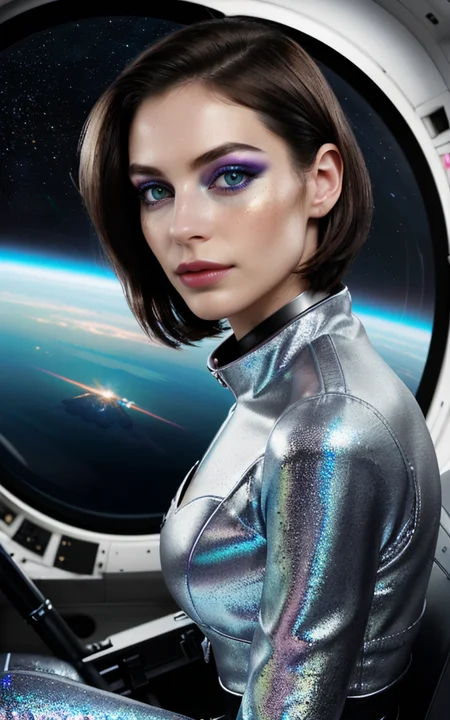 (beautiful busty skinny british woman sitting in spaceship cockpit looking over shoulder at viewer:1.2), (cute face, over the shoulder:1.1), (movie still:1.1), side view, (spaceship cockpit:1.1), glowing holographic instruments, (beautiful face:1.11), from behind, smart fabric flightsuit:1.1, lightweight structured jacket with sharp geometric lines, utility belt, kneehigh boots, fingerless gloves, (large spaceship cockpit with highly polished flooring and stellar view), backlit hair, perfect face, feminine physique, (pale freckles:0.6), (black and silver accents), perfect eyes, low key, joystick++, thin pouting lips, (white++ bob hair, ombre tips:1.2), wide set soft+ turquoise++ eyes, skin pores, (small retrousse nose:1.2), (pale skin), supernova, dramatic angle, eyelid shimmer makeup, silver eyeshadow, iridescent cheekbones, muted rose lips, deep space blue, (available light:0.7), BREAK, starlight silver, nebula pink, black hole black, planetary rings, asteroid clusters, geometric shapes, angular contours, Holographic control panels, chiaroscuro effects, reflective surfaces, starfilled skies, distant galaxies, shimmering surfaces, iridescent scifi materials, clean lines, modernistic details OverallDetail HairDetail fFaceDetail EyeDetail