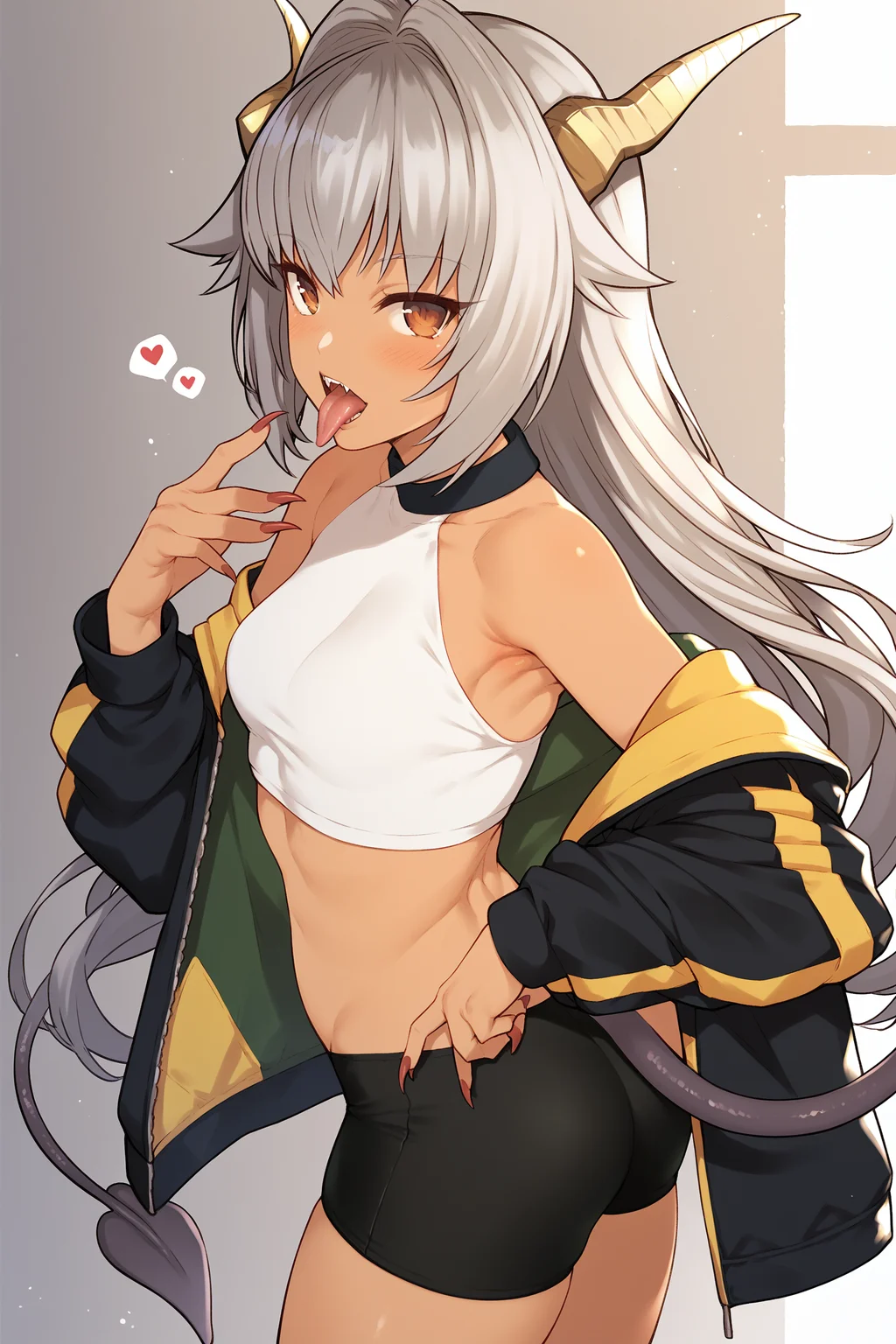 score_9, score_8_up, score_7_up, 1girl, solo, tail, horns, bike shorts, tongue, long hair, ass, looking at viewer, tongue out, dark-skinned female, jacket, grey hair, licking, off shoulder, dragon horns, licking finger, dark skin, fingernails, dragon girl, red nails, nail polish, bare shoulders, blush, heart, brown eyes, dragon tail, black shorts, open mouth, cowboy shot, shorts, sharp fingernails, hair intakes, black jacket, open clothes, crop top
, <lora:Takunomi_PonyXL_dim32:1>