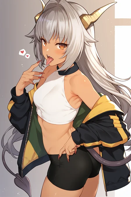 score_9, score_8_up, score_7_up, 1girl, solo, tail, horns, bike shorts, tongue, long hair, ass, looking at viewer, tongue out, dark-skinned female, jacket, grey hair, licking, off shoulder, dragon horns, licking finger, dark skin, fingernails, dragon girl, red nails, nail polish, bare shoulders, blush, heart, brown eyes, dragon tail, black shorts, open mouth, cowboy shot, shorts, sharp fingernails, hair intakes, black jacket, open clothes, crop top
, <lora:Takunomi_PonyXL_dim32:1>