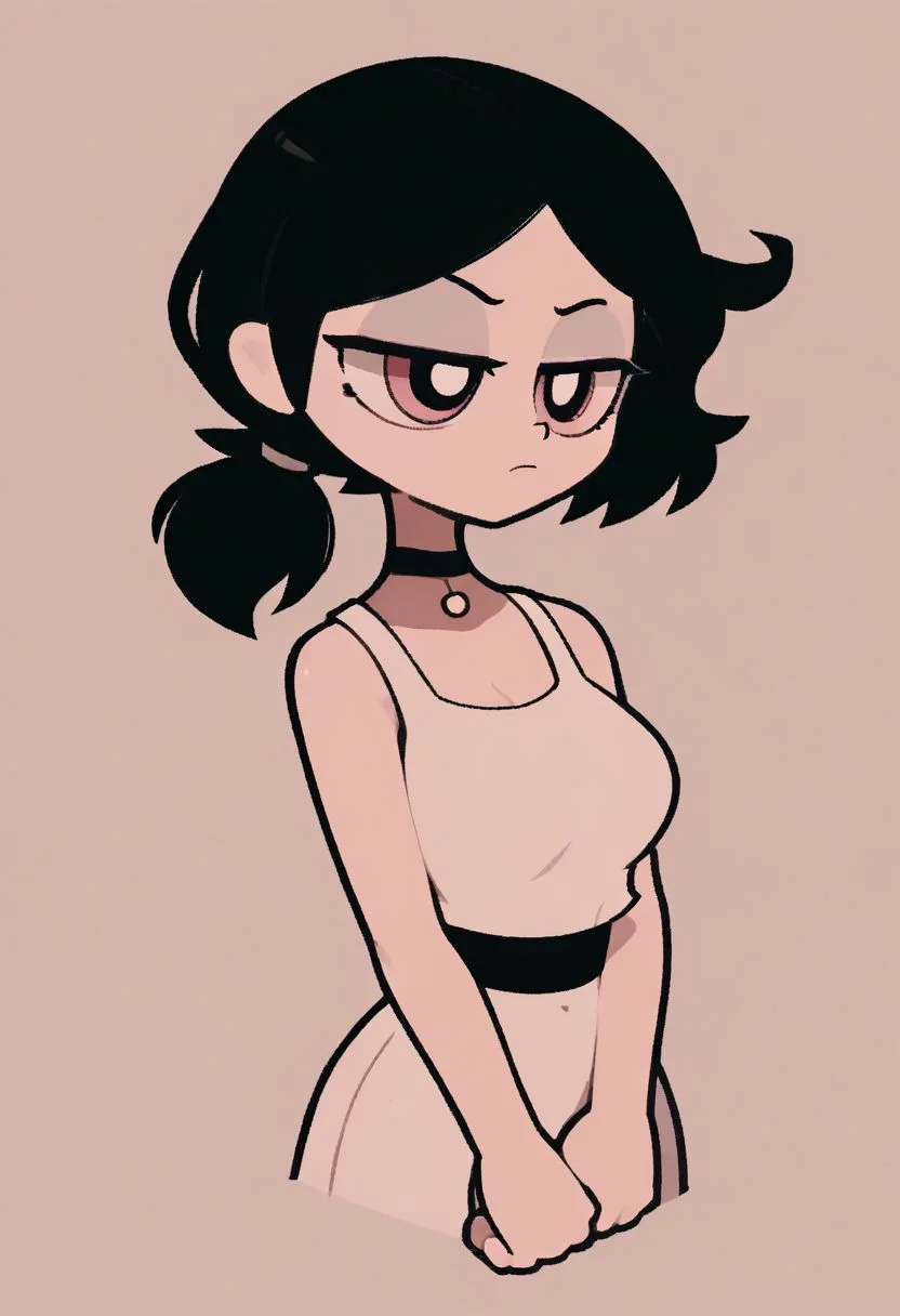 score_9, score_8_up, score_7_up,  <lora:PonyMinimalStyle:1> Minimalstyle, 1girl, simple, faceless female, beautiful, extremely detailed, vector , ashley graves, 1girl, black hair, big breasts, choker,medium hair, low ponytail, tcoaal, powerpuff