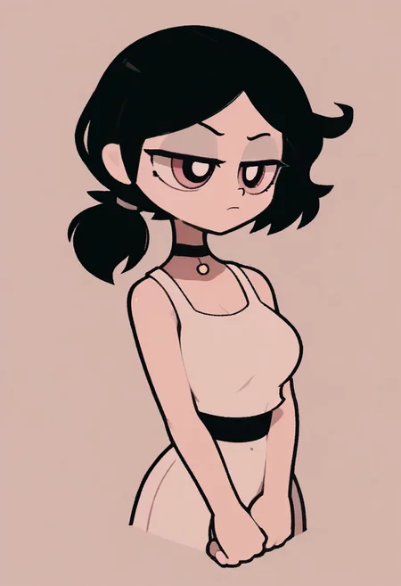 score_9, score_8_up, score_7_up,  <lora:PonyMinimalStyle:1> Minimalstyle, 1girl, simple, faceless female, beautiful, extremely detailed, vector , ashley graves, 1girl, black hair, big breasts, choker,medium hair, low ponytail, tcoaal, powerpuff