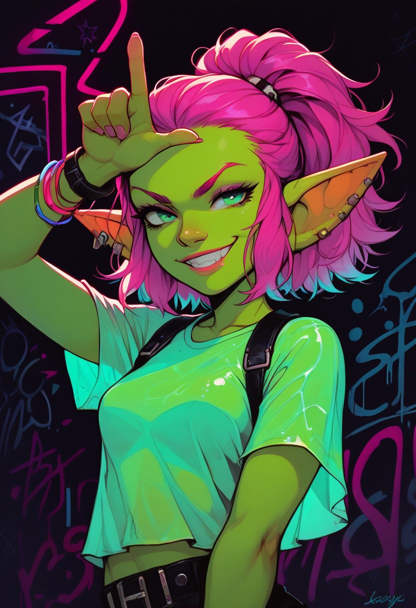score_9, score_8_up, score_7_up, 1girl, solo, goblin, green skin, small breasts, smirk, sultry, (neon shirt:1.2), neon pants, black wall background, neon graffiti, colorful graffiti, glowing hair, (shortstack:0.6), close up, green eyes, pink hair, neon lighting, neon, vibrant, bright clothing, neon latex, loser gesture, hand on forehead