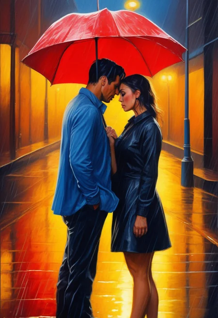 colorfully stylish, primary colors, A sensual portrait of a couple standing in the rain beneath a vivid yellow umbrella, their faces wet and close, locked in a moment of restrained intensity. The scene is hyper-realistic: red city lights reflect in puddles, blue night sky contrasts with their warm skin tones. Their expressions are full of longing, their closeness electric. A stylized, emotional tableau, artistically lit with bold primaries.