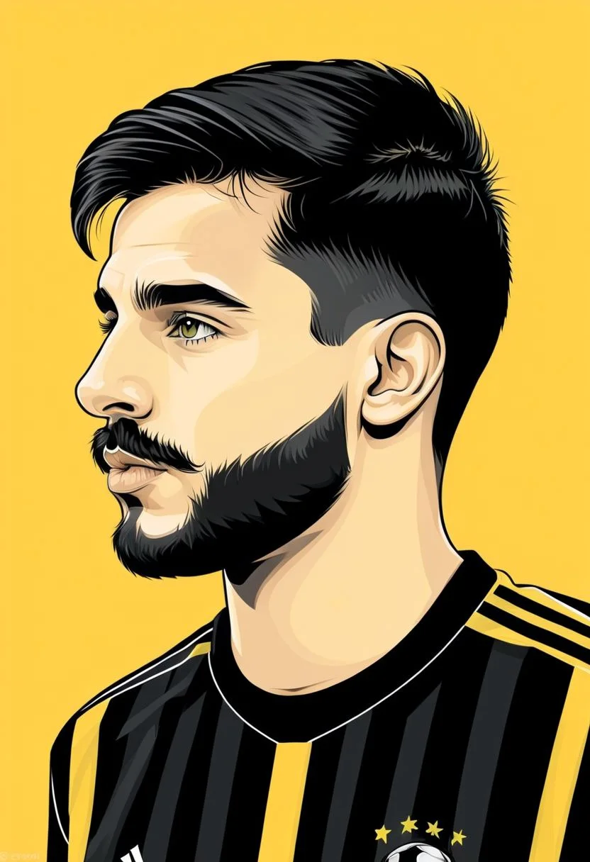 psztzz, 1boy, male focus, solo, facial hair, beard, sportswear, black hair, striped shirt, short hair, soccer uniform, mustache, yellow background, profile, shirt, portrait, striped, jersey, portrait, vector art, flat coloring, cel shaded, cel shading, illustration, vector illustration, vector coloring
