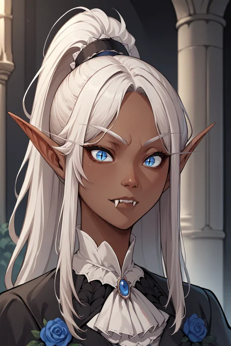 source_anime, score_9, score_8_up, 1girl, solo <lora:NSSindragosaWoW:1> NSSindragosaWoW, high ponytail, long hair, parted bangs, white hair, pointy ears, dark-skinned female, split pupils, fangs, black cloak, vampire, Victorian, formal suit, black background, castle, indoors