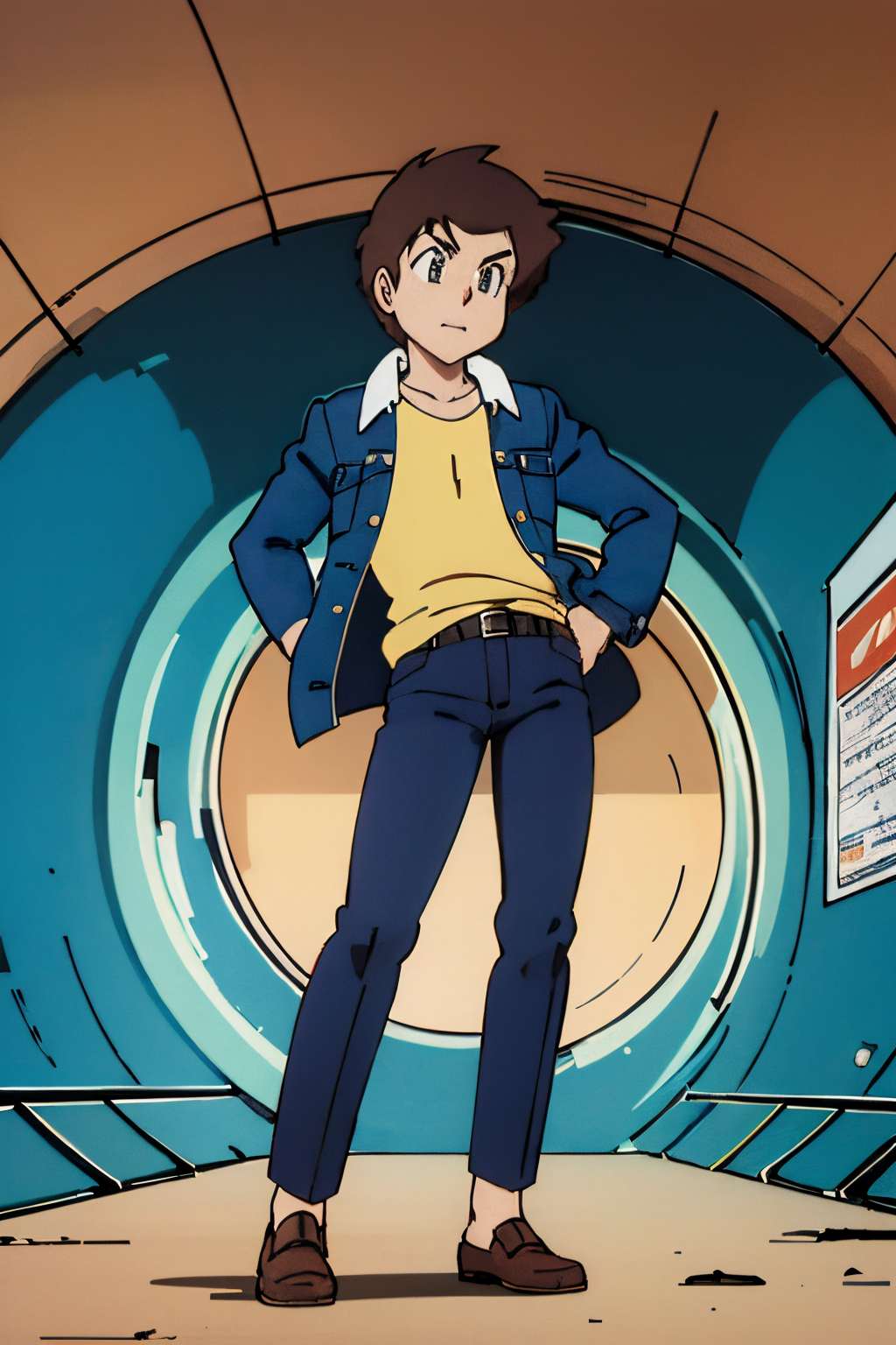 full body shot, solo, 1boy, short hair, blue eyes, brown hair, Denim jacket, chinos, loafers, retro artstyle, style parody, anime coloring, A vast, underground network of tunnels filled with hidden dangers and secret treasures., <lora:EdobUruseiYatsuraAtaru_v1.0:0.8>
