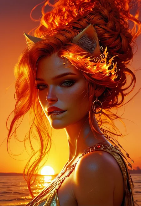 ((goddess of fire, beautiful woman, sexy body, dramatic light)), summer dress, cat ears, ((score_9, score_7_up, sunset)), nice ass, d3t41l3d, biting own lip,