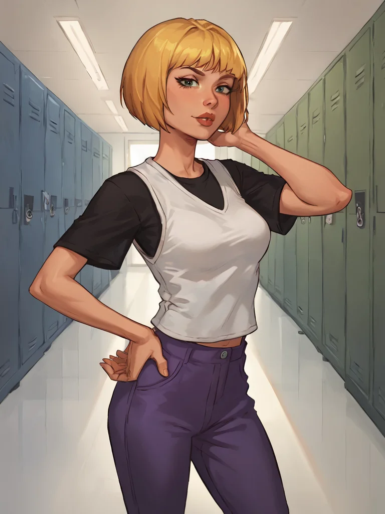 nazz, lips, white vest, 1girl, black t-shirt, solo, blonde hair, short hair, purple pants, bob cut, ,looking at viewer,simple background, breasts, ,hand on own hip, school,locker, hallway, <lora:Smooth Anime Style LoRA XL:1> <lora:NazzPony1.0:0.6>, score_9, score_8_up,