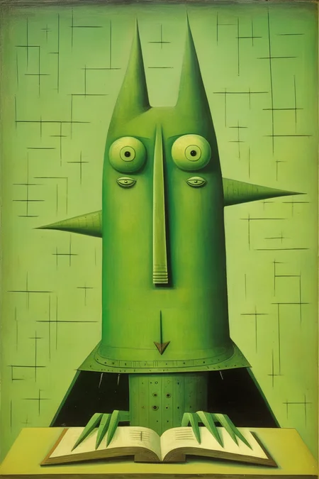 <lora:Victor Brauner Style:1>Victor Brauner Style - Midlibrary Guardian by Victor Brauner. Acid green hues