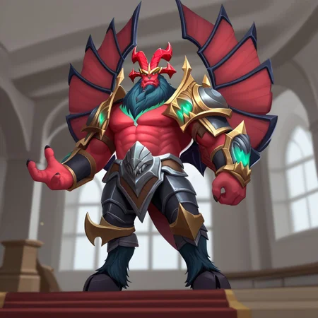 zPDXL3,score_7_up, score_8_up, full body, solo male,
BREAK,
ggalio, male focus, red skin, horns, green eyes, wings, armor, one hand up, beard, from below, low angle, looking down at viewer, indoors, blurry background,