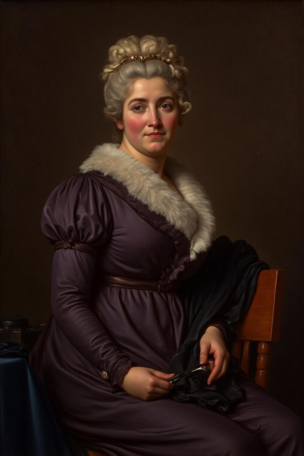 jldavid1 painting.
The woman has a fair complexion and is portrayed with a serene, contemplative expression. She has curly, light blonde hair styled in an updo, adorned with a small, ornate headpiece or hair accessory at the top. She is dressed in a dark, possibly purple or deep blue, long-sleeved garment with puffed sleeves, indicative of late 19th or early 20th-century fashion. A large, fur-lined collar around her neck adds a touch of luxury and warmth <lora:jldavid1_cap_d6a3:1.0><lora:815834823479384108:0>