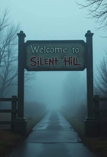 A sign at the entrance to the foggy city of Silent Hill
text "Welcome to Silent Hill"