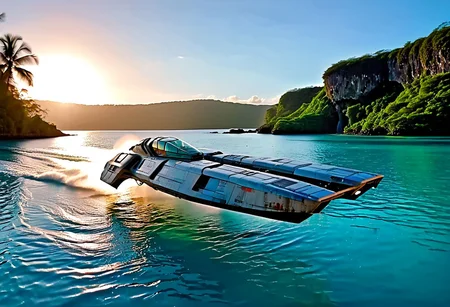 photograph, smooth, sleek (WipEout anti-gravity craft), (split-front:1.3), landing in the waters of a lagoon, tropical island, blue sky, sunset, sharp, high detailed, realistic, , scifi, futuristic, science fiction, sharp focus, masterpiece, best quality