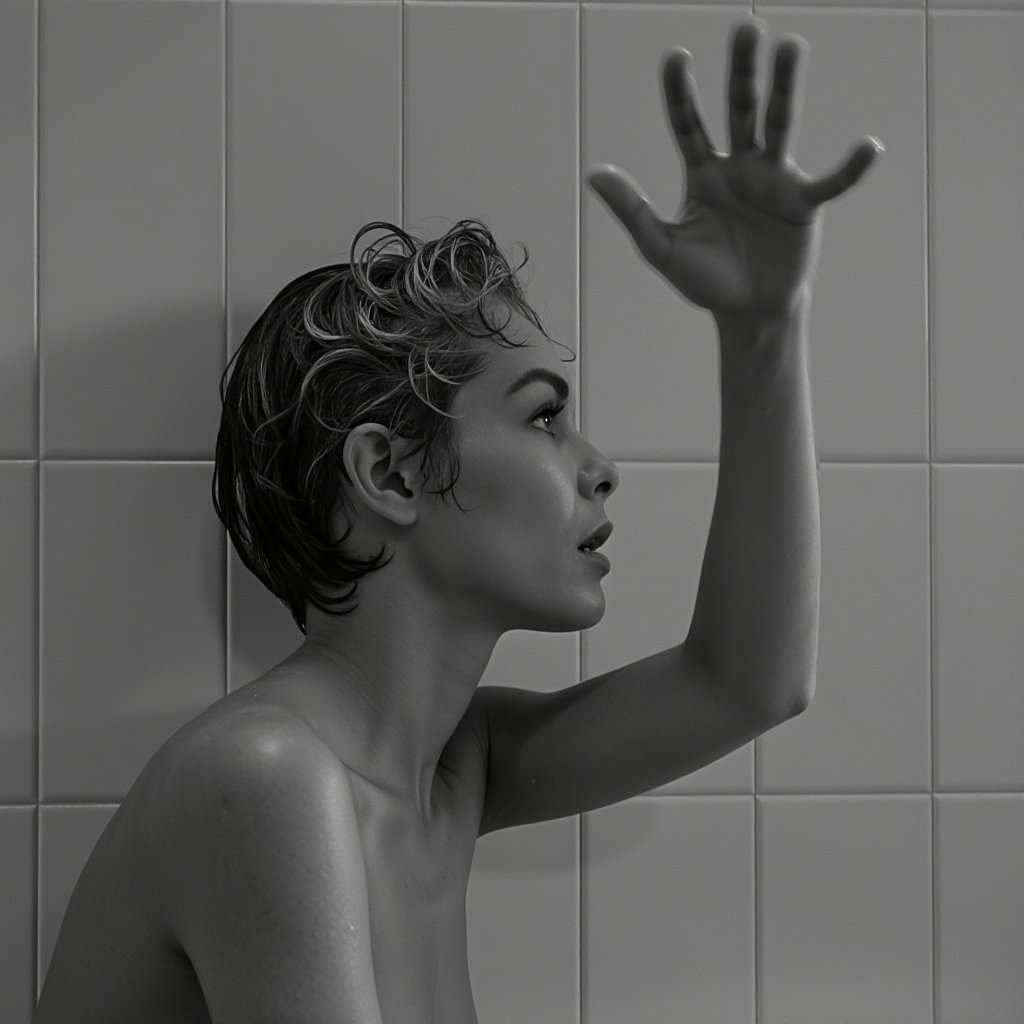 cinematic film still of  <lora:1960's psycho film style v1:0.8>
Marion Crane  In the 1960's a profile side view of a nude wet hair woman in a bathtub with her hand up on wall, horror classic movie themed, sharp, detailed, epic photography, artistic creative style, dramatic light, cinematic light style, film style, psycho style, solo, short hair, 1boy, monochrome, greyscale, male focus, tiles, tile wall, 1girl, gloves, reflection, closed eyes, parted lips, hand up, from side, face focus, upper body, perfect hand on wall, shallow depth of field, vignette, highly detailed, high budget, bokeh, cinemascope, moody, epic, gorgeous, film grain, grainy