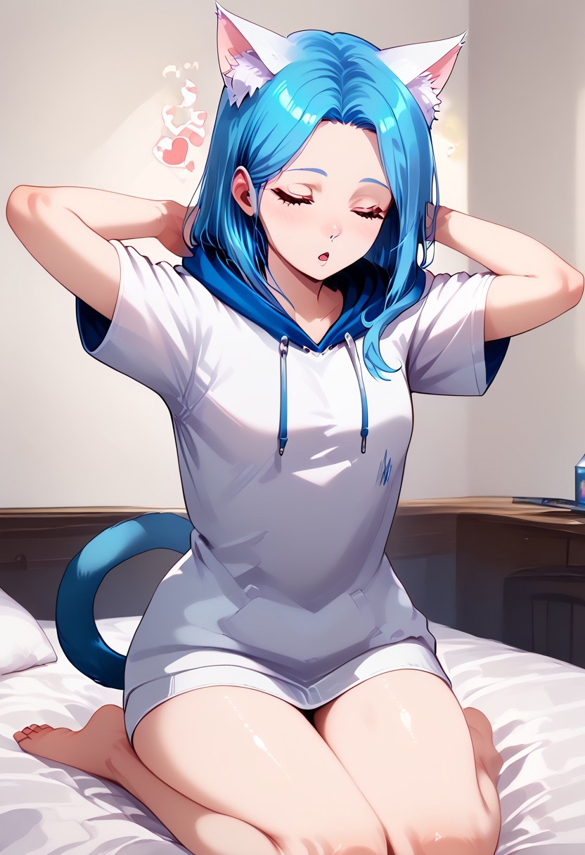 score_9, score_8_up, score_8, 1girl, Catgirl, slimes_aizome, solo, blue hair, white cat ears, white cat tail, heart eyes, oversized hoodie, kneeling on bed, waking up, arms up, stretching, highly detailed, dynamic angles, dynamic pose, yawns, Expressiveh, vivid colors