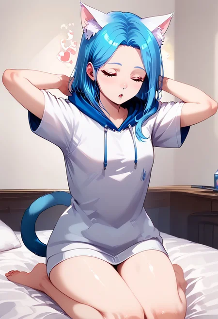 score_9, score_8_up, score_8, 1girl, Catgirl, slimes_aizome, solo, blue hair, white cat ears, white cat tail, heart eyes, oversized hoodie, kneeling on bed, waking up, arms up, stretching, highly detailed, dynamic angles, dynamic pose, yawns, Expressiveh, vivid colors
