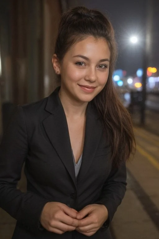 30yo American woman wearing bussiness suit holding a cigarrete
Dark black smooth long hair ponytail. smiling.
Looking at camera.
Dynamic varying pose.
Outside bussiness. Night time,
Night time, dark.