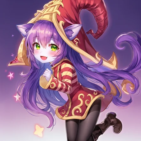beach, lulu (league of legends), 1girl, animal ears, black pantyhose, blush, boots, colored skin, dress, fang, full body, green eyes, happy, hat, league of legends, long sleeves, open mouth, pantyhose, purple hair, purple skin, smile, solo, striped, witch hat, yordle <lora:lulu-000032:1>