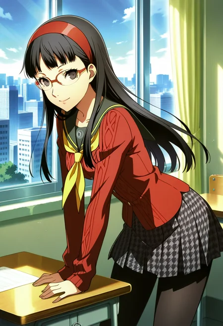 score_9, score_8_up, score_7_up, (source_anime), 1 girl, solo, nsfw, cute face,
p4amagi, Amagi Yukiko, long hair, pleated skirt, black hair, bangs, red cardigan, school uniform, hairband, serafuku, yellow neckerchief, black pantyhose, yasogami school uniform, glasses, red framed eyewear, smile,
eye contact, looking at viewer, smile, thighs,
classroom, window, cityscape
masterpiece, best quality, ultra detailed, absurdres, very aesthetic