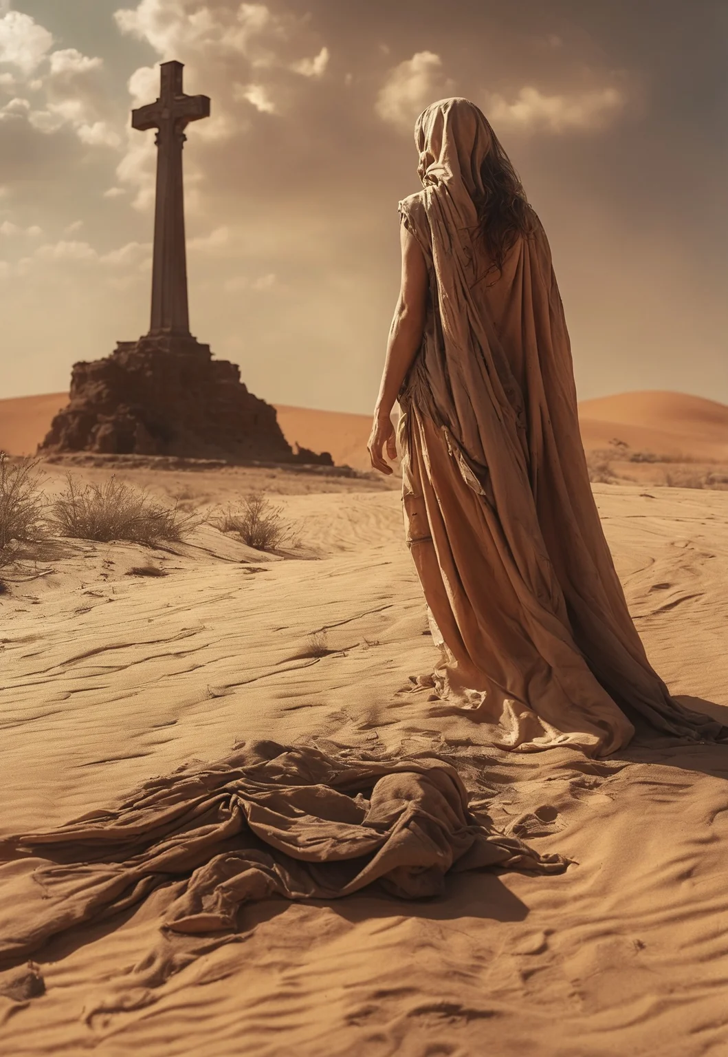 feudal Silk Road style, amazing quality, masterpiece, best quality, hyper detailed, ultra detailed, UHD, dof, hyper-realism, majestic, awesome, inspiring, A gritty Grindhouse film still inspired by "Death Proof": A muscular, athletic woman stands in the wind of a dusty desert in front of a Large fresh grave. Her torn metal print t-shirt and nun's habit glowing dress flap in the breeze. She holds an old, impressively large weapon in her hand, exuding a laid-back yet dangerous vibe. The photo features faded colors, with a limited palette of gray, beige, and washed-out orange, capturing her cool, striking appearance.. cinematic composition, soft shadows, national geographic style,