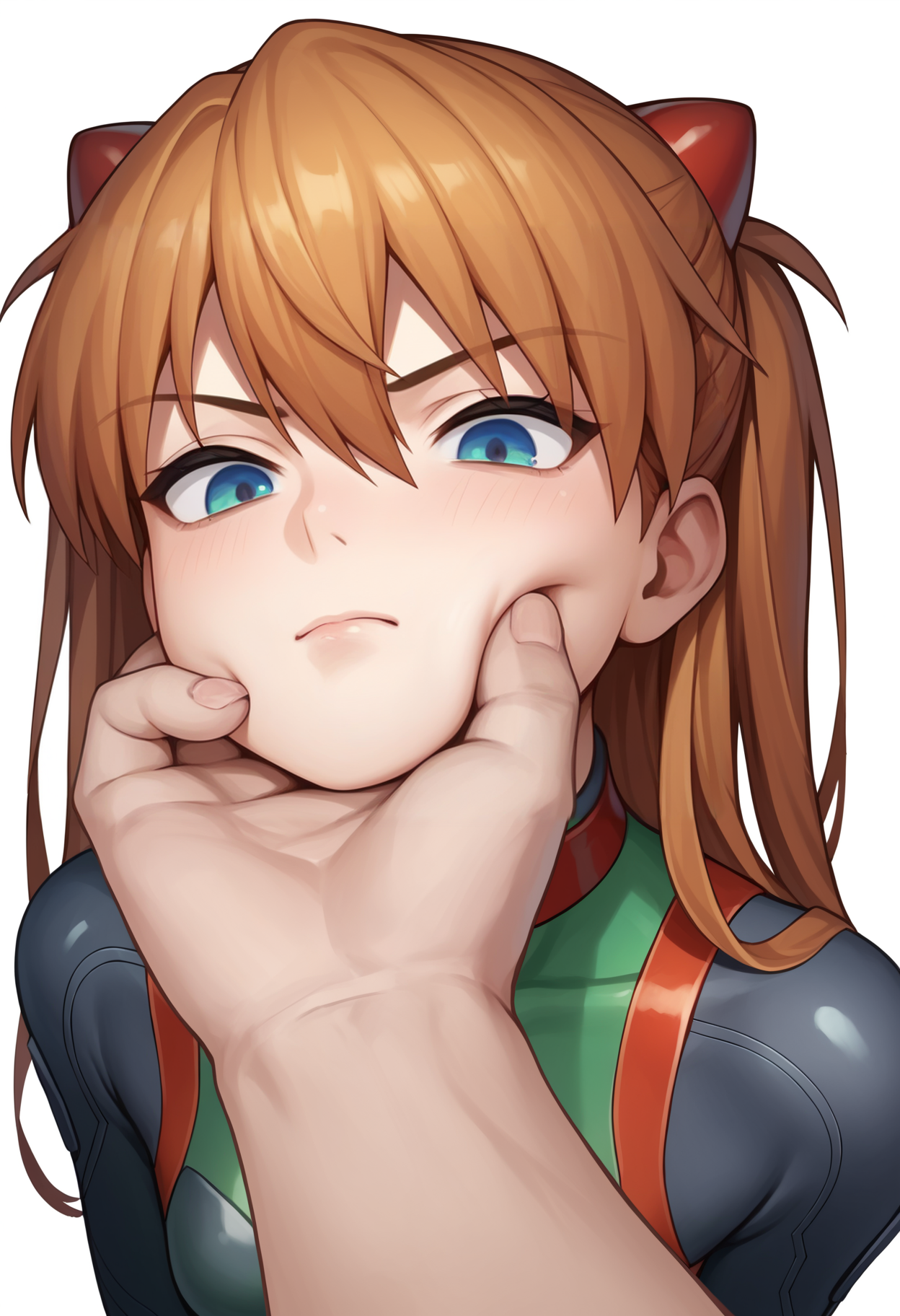 score_9, score_8_up, score_7_up, score_6_up, score_5_up, score_4_up, BREAK, source_anime,
chin grab, 1girl,  asuka langley, plug suit,
1boy, pov, pov hands,
white background    <lora:VillainousFaceHoldXLv2:1>