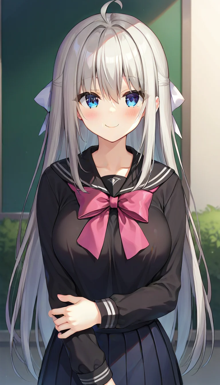 score_9,score_8_up,score_7_up,score_6_up BREAK official art,solo,outdoors,upper body,(portrait:1.5),looking at viewer,facing viewer,smile,blush,Ghost,ahoge,very long hair,white hair,hair bow,white bow,hair ribbon,white ribbon,sidelocks,bangs,blue eyes,school uniform,black sailor collar,pink bowtie,black shirt,long sleeves,large breasts,black skirt,pleated skirt,black pantyhose,loafers,<lora:Ghost(pa)-Pony:1.2>,
