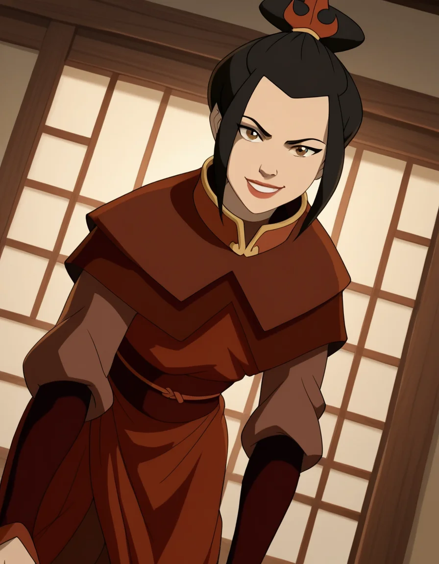 score_9, score_8_up, score_7_up, source_anime, <lora:azula-book2-ponyxl-lora-nochekaiser:1>, azula, black hair, brown eyes, topknot, sidelocks, hair bun, single hair bun, chinese clothes, capelet, sash, long sleeves, elbow gloves, , indoors, bent over, smile, looking at viewer, solo, cowboy shot, dutch angle