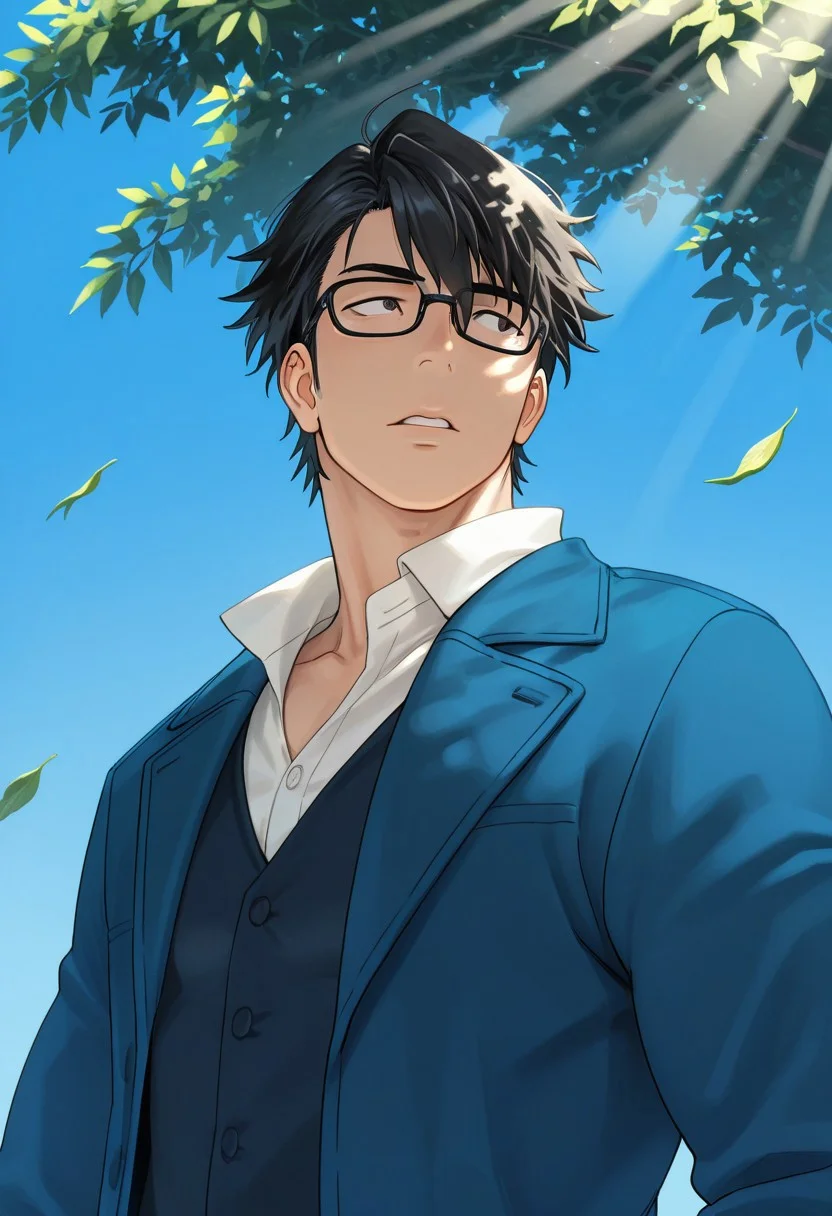 masterpiece, best quality, amazing quality, absurdres, newest, detailed background, definition so sharp, Ultra-HD, 8K cinematic, very awa, impressionate, amazing quality, highres, d10w21ll,
solo, male focus, manly, mature male, bara, day, blue sky, outdoor, sunbeam, windy, flying leaf,
1boy, short hair, glasses, saruhikofushimi, saruhiko_black hair, saruhiko_black eyes, blue coat, collared shirt, side view, looking far away,
calm expression, parted lips
