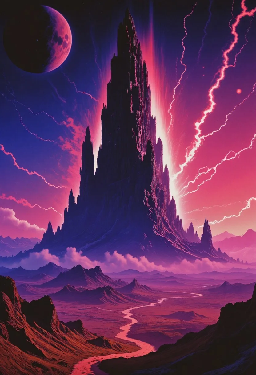 M100-style, retro scan of 80s-anime-ai spectral neon Gradient ascii_art, a 80s Sci-fi Ethereal. Dark space, 80`s sci-fi book artwork, lofi, neon-pastel colors, grainy, vintage
Create a vivid description of a distant planet in the universe where enormous structures are visible from space, towering over the landscape in an awe-inspiring display. hyper realistic and highly detailed, highly dynamic cinematic panorama view, fantasy painting of the towering nightmare, outlandish, unusual, otherworldly, foreign, eldritch, digital painting, highly detailed and hyper surrealistic, perfect composition, harmonic colors, highly dramatic lighting, perfect composition, full panoramic view