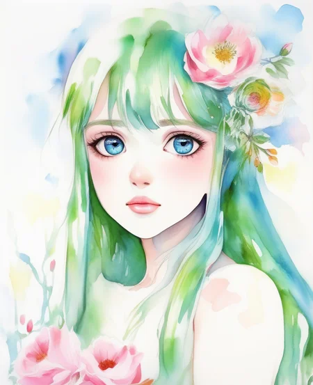 1girl,blue eyes,green hair,rose, (camellia),daisy, freckles, portrait, petals, tulip,(background full of flowers) ,(face close up),(Open eyes),(vibrant colors),(winter:1.9) <lora:watercolor_v1_sdxl:2.4>