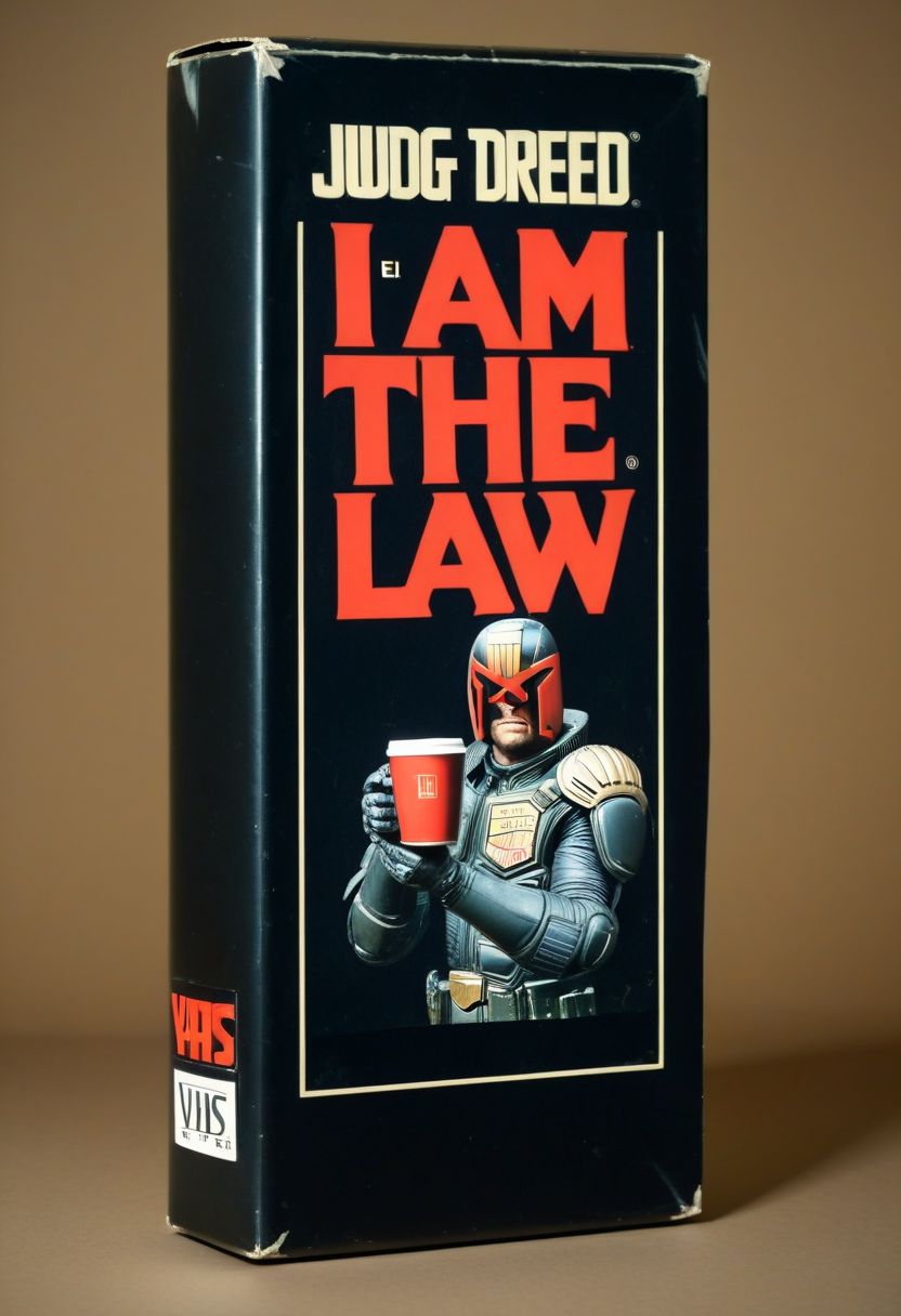 vhs-box, text focus, english text, "I AM THE LAW" text, vhs casette, retrowave, BREAK  judge dredd movie vhs box, jdgdrdd on the cover,  helmet, red eyes, coffee cup, military uniform, BREAK red stripes, sans serif font, retro, logo parody, vhs black case, E-180, logo parody, VHS, "COFFEE" text, handwriting, masking tape overlay, object focus