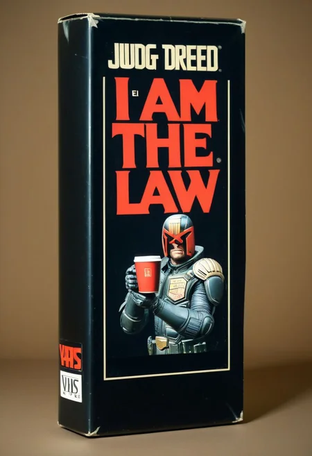 vhs-box, text focus, english text, "I AM THE LAW" text, vhs casette, retrowave, BREAK judge dredd movie vhs box, jdgdrdd on the cover, helmet, red eyes, coffee cup, military uniform, BREAK red stripes, sans serif font, retro, logo parody, vhs black case, E-180, logo parody, VHS, "COFFEE" text, handwriting, masking tape overlay, object focus